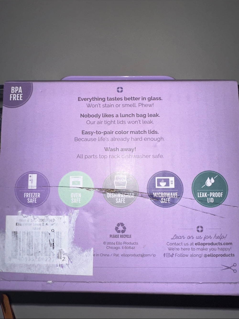 Ello Color Lock Purple Glass Meal Prep Containers - 2 Pack Purple - Picture 2 of 3